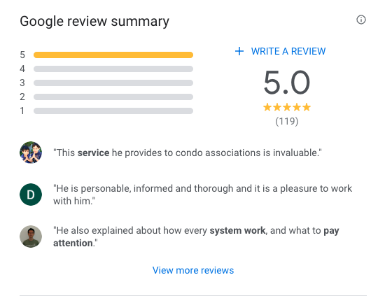 Positive 5-star Google reviews for a home inspection company.