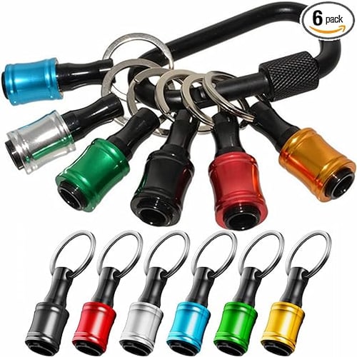 Drill bit holder with colorful drill bits.