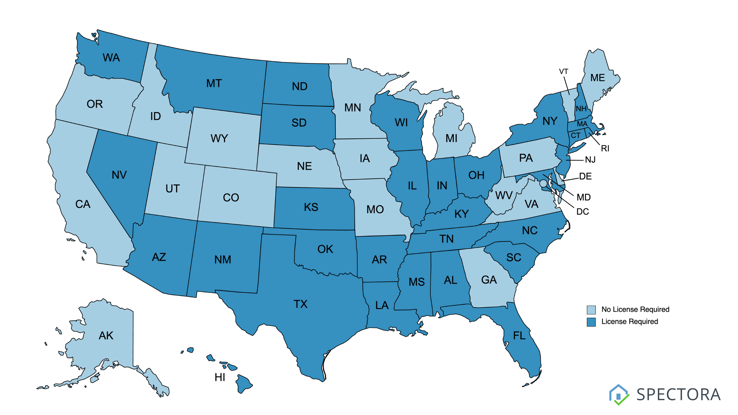 Map of the United States showing where home inspectors are required to get licensed.