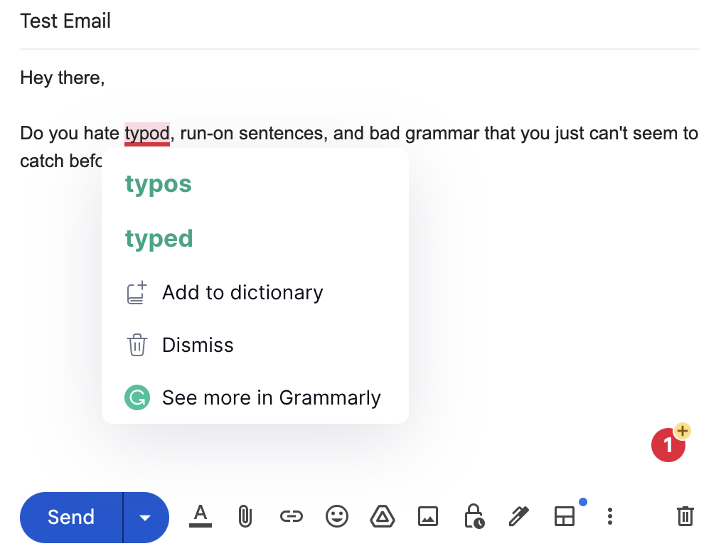 Image of Grammarly correcting a typo in an email