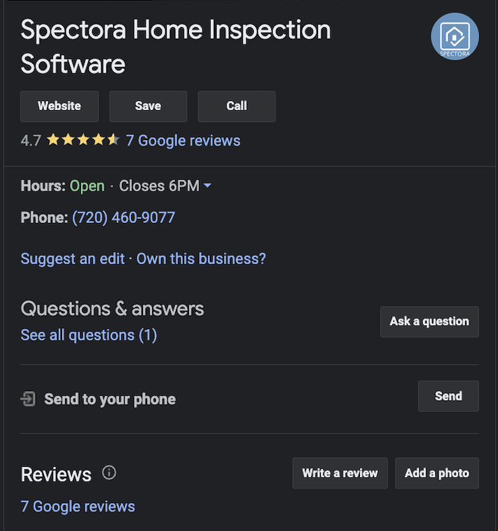 Spectora home inspection software's Google My Business page