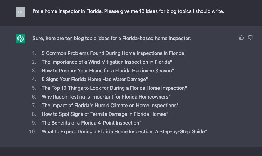 A list of 10 blog post ideas for a home inspector in Florida, generated by ChatGPT.