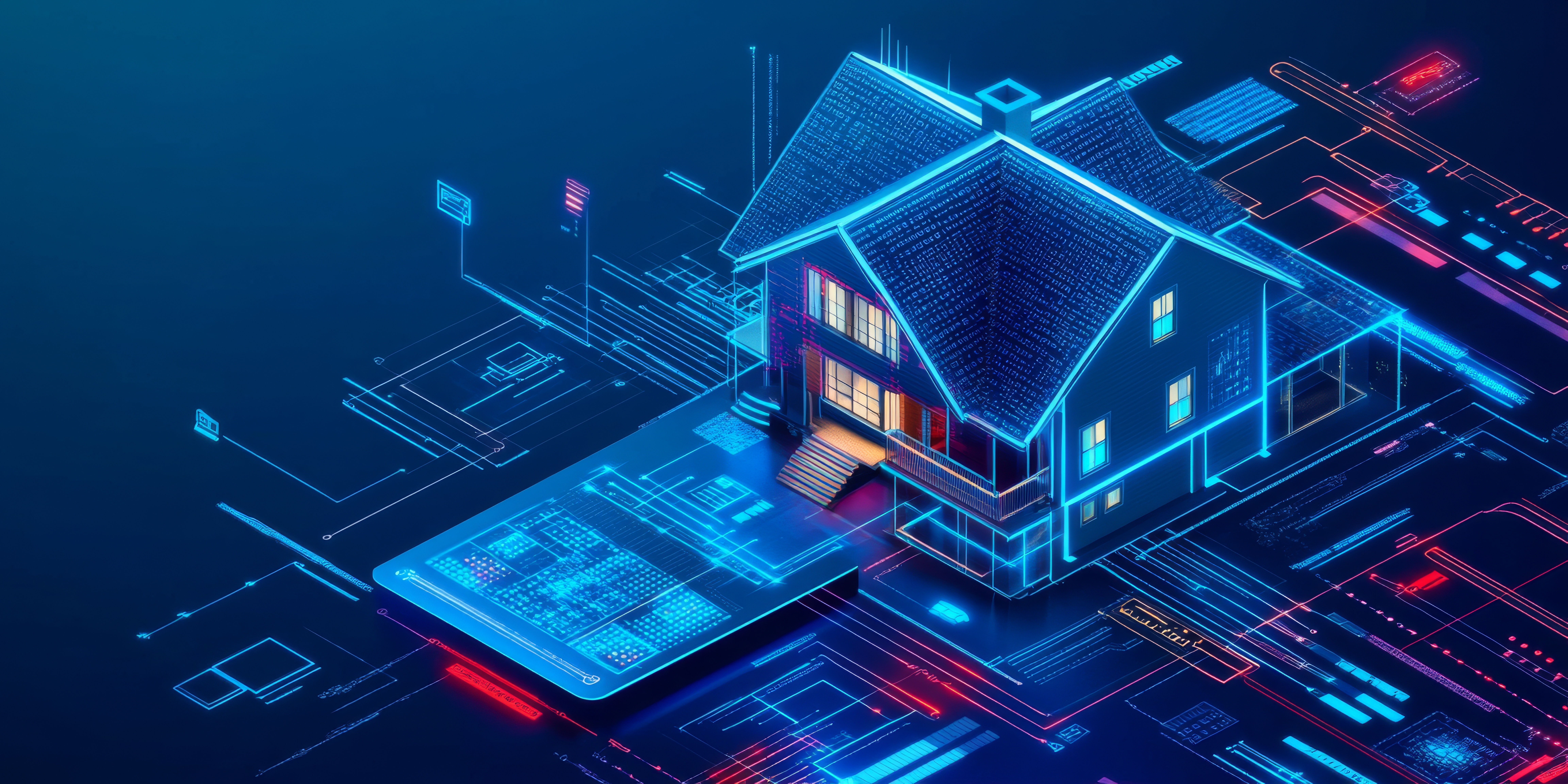 A digitally rendered image of a modern house surrounded by glowing blue and red data lines and circuit-like graphics, symbolizing the integration of AI and technology in home inspections.
