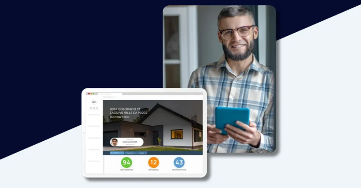 Home inspector holding a tablet next to a digital inspection report