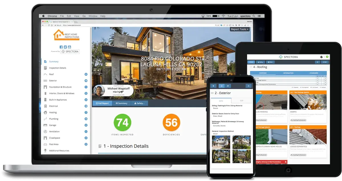 A sample Spectora home inspection report on a laptop, iPhone, and tablet. 